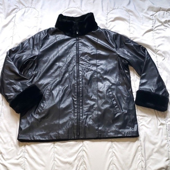 Jackets & Blazers - Leather Jacket with Fur on Collar and Cuffs of Sleeves Zip Up